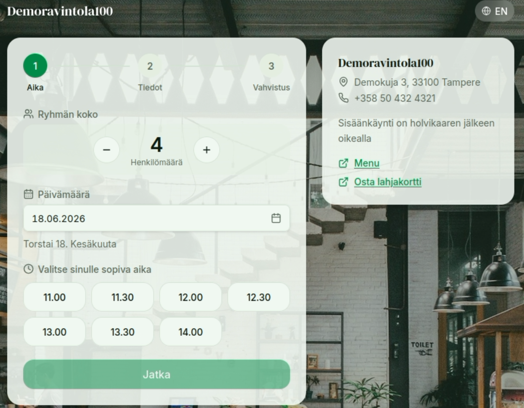 Asiakkaan varausnäkymä: ajan valinta