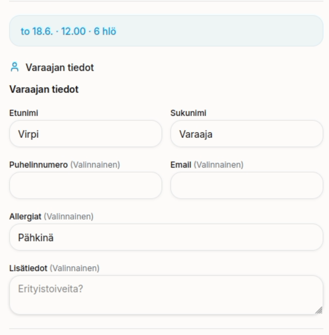 Varaajan tietojen syöttäminen