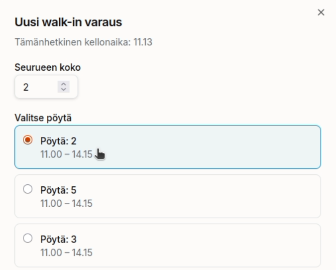Uusi walk-in-varaus